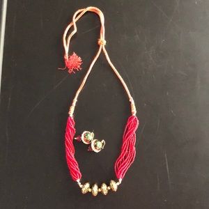 red beads layered necklace with earring set Indian jewelry
